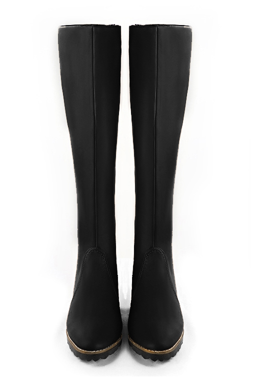 Satin black women's riding knee-high boots. Round toe. Flat rubber soles. Made to measure. Top view - Florence KOOIJMAN